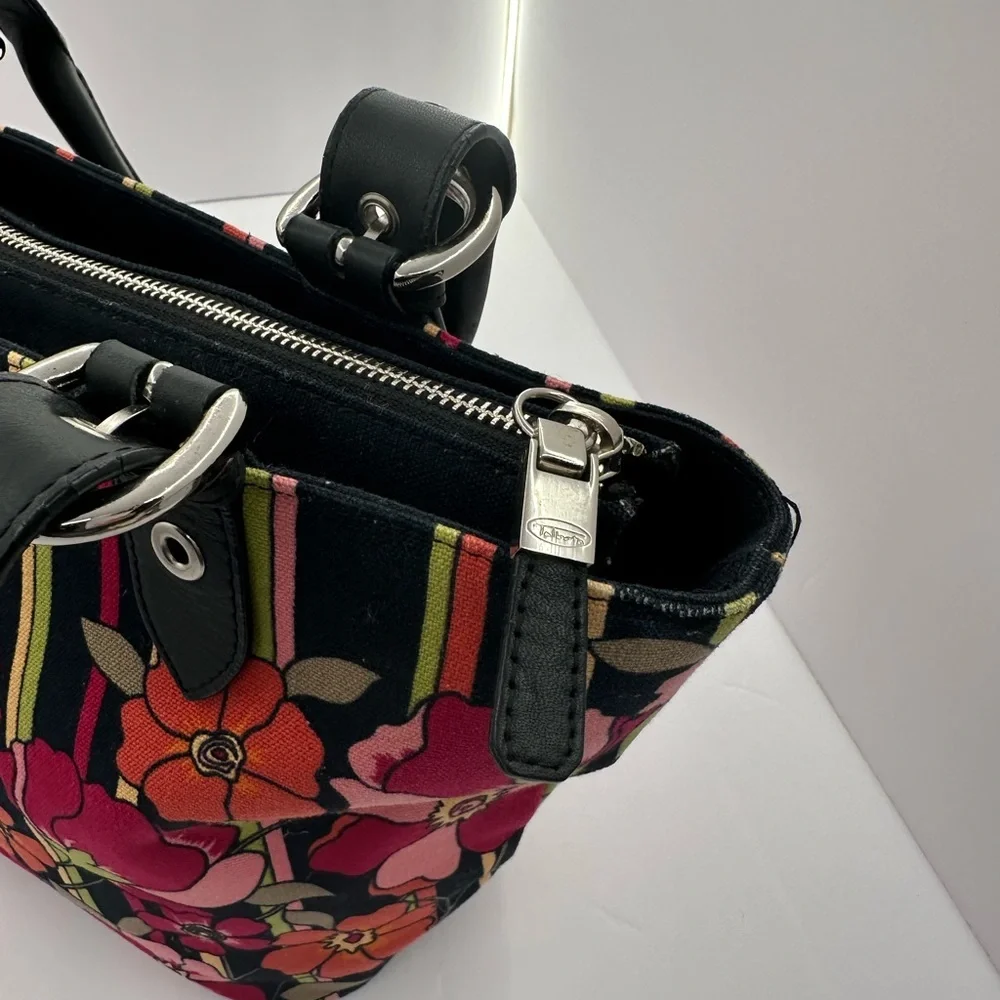 Talbots Black Floral Stripe Tote with Pink & Orange Blooms